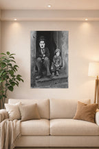 Charlie Chaplin The Kid in a bright living room above a beige sofa.