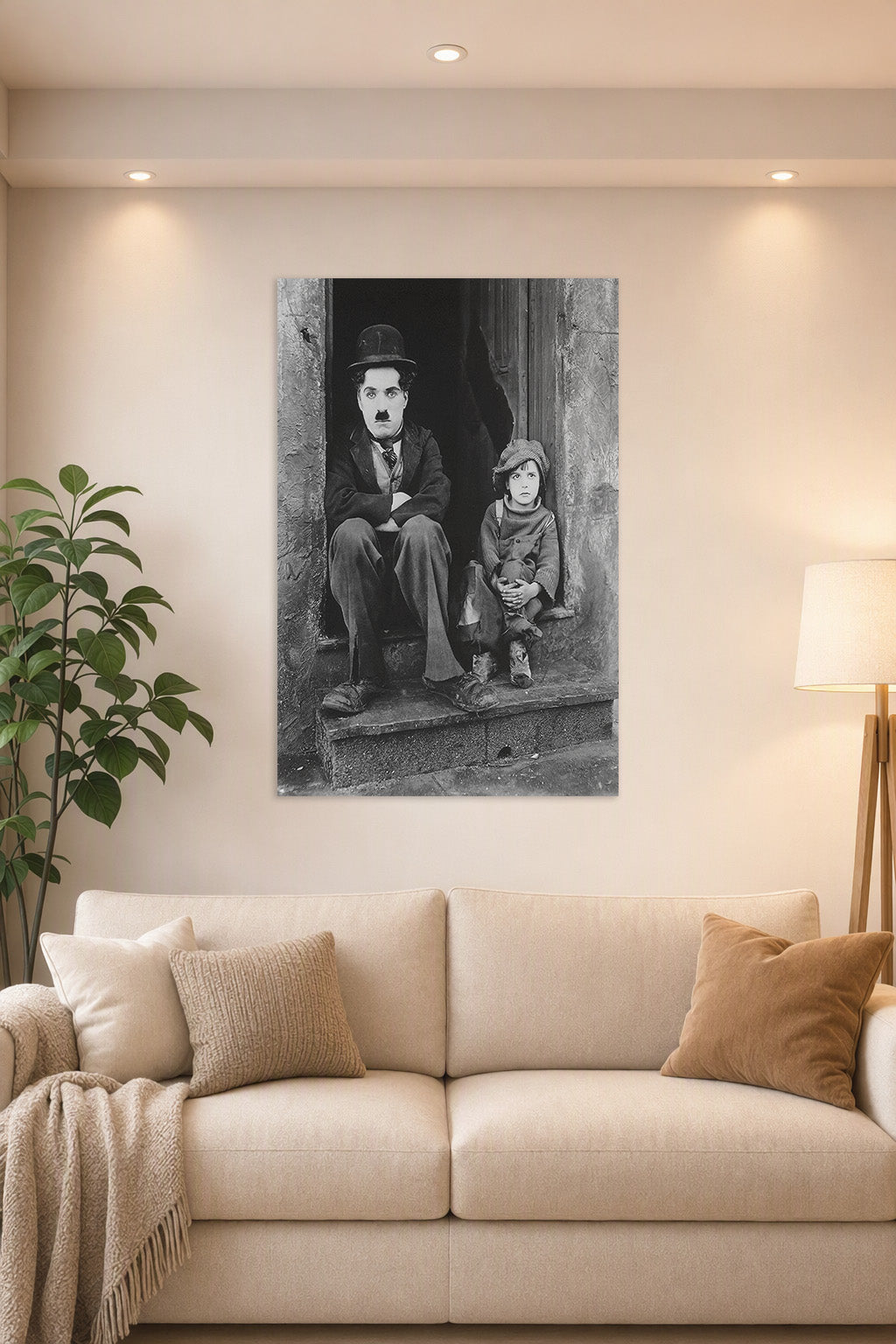 Charlie Chaplin The Kid in a bright living room above a beige sofa.
