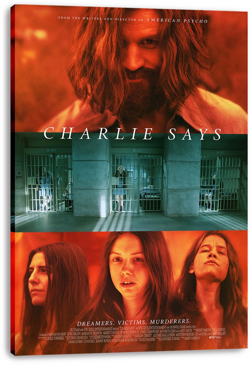 Charlie Says canvas wall art print featuring a red-toned long-haired man above barred cells and portraits of three women.