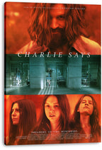 Charlie Says canvas wall art print featuring a red-toned long-haired man above barred cells and portraits of three women.