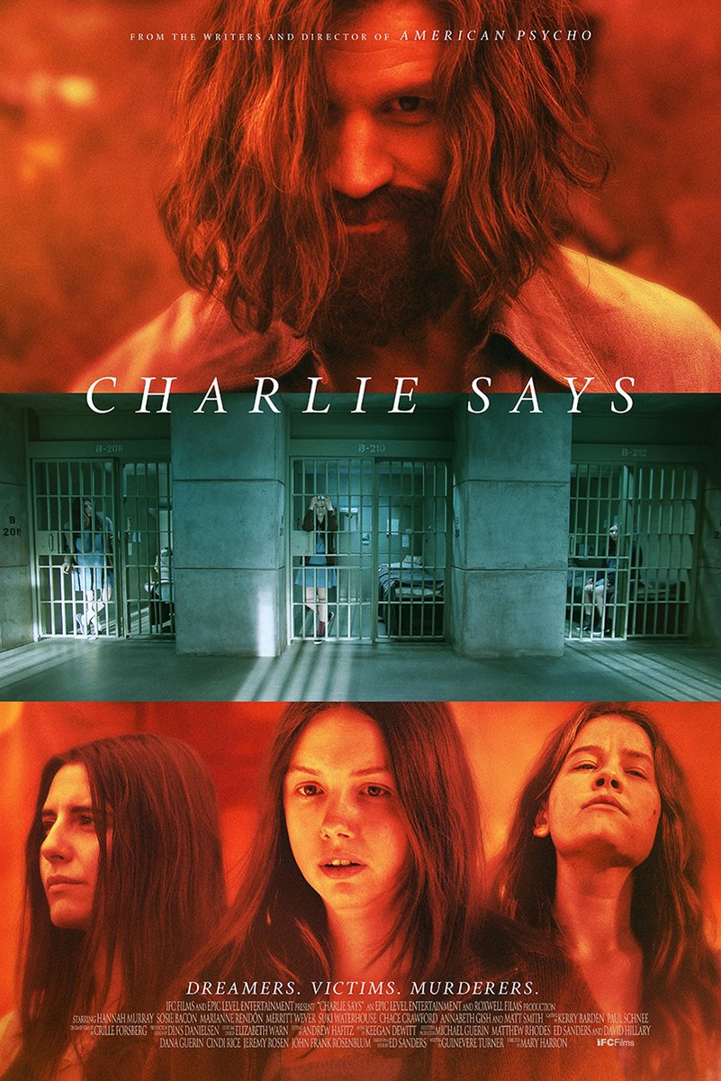 Charlie Says movie poster wall art print with a long-haired man, prison cells, and three women in red and teal panels.