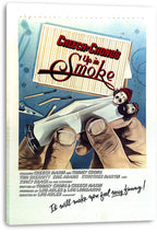 Cheech & Chong's Up in Smoke canvas wall art print featuring a rolled joint held in hands beneath bold red title lettering.