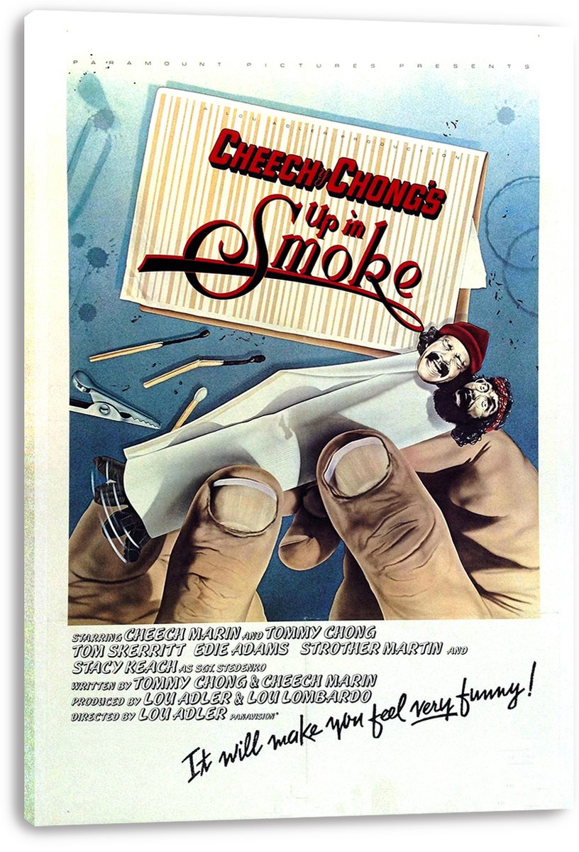 Cheech & Chong's Up in Smoke canvas wall art print featuring a rolled joint held in hands beneath bold red title lettering.
