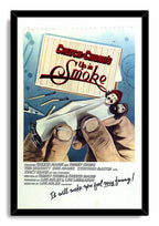 Cheech & Chong's Up in Smoke framed wall art print with a black border, hands rolling a joint, matches, and blue backdrop.