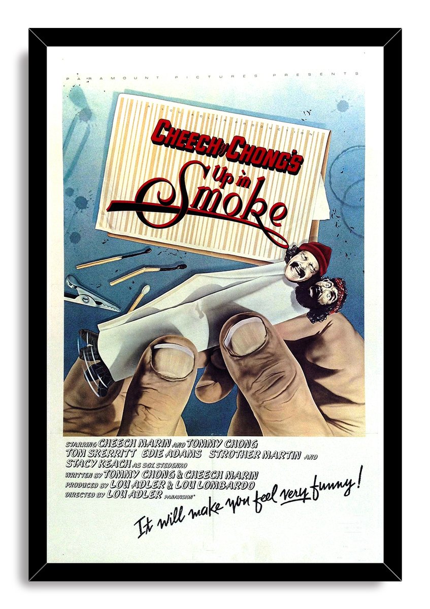 Cheech & Chong's Up in Smoke framed wall art print with a black border, hands rolling a joint, matches, and blue backdrop.