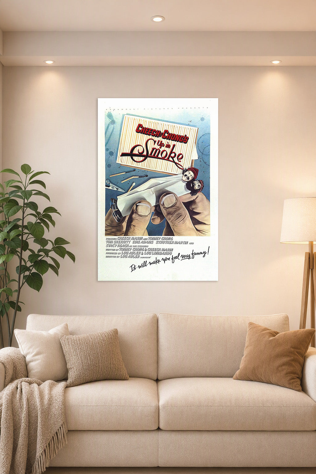 Cheech & Chong's Up in Smoke Movie Poster in a bright living room above a beige sofa.
