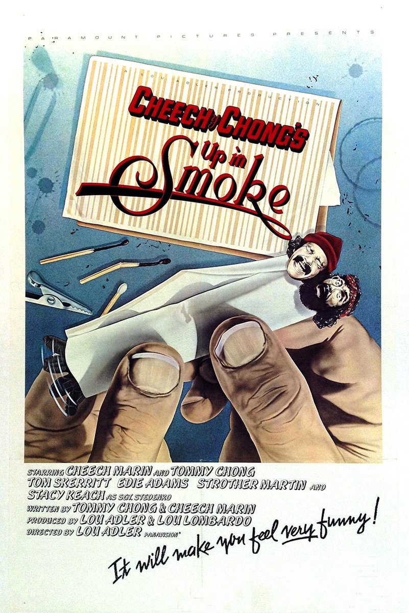 Cheech & Chong's Up in Smoke movie poster wall art print with hands rolling a joint, character faces, and scattered matches.