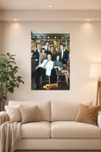 Cheers TV Show Cast in a bright living room above a beige sofa.