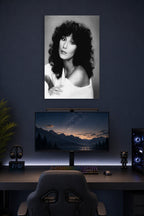 Cher in a gaming desk setup above a monitor.