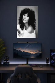 Cher in a gaming desk setup above a monitor.