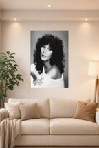 Cher in a bright living room above a beige sofa.
