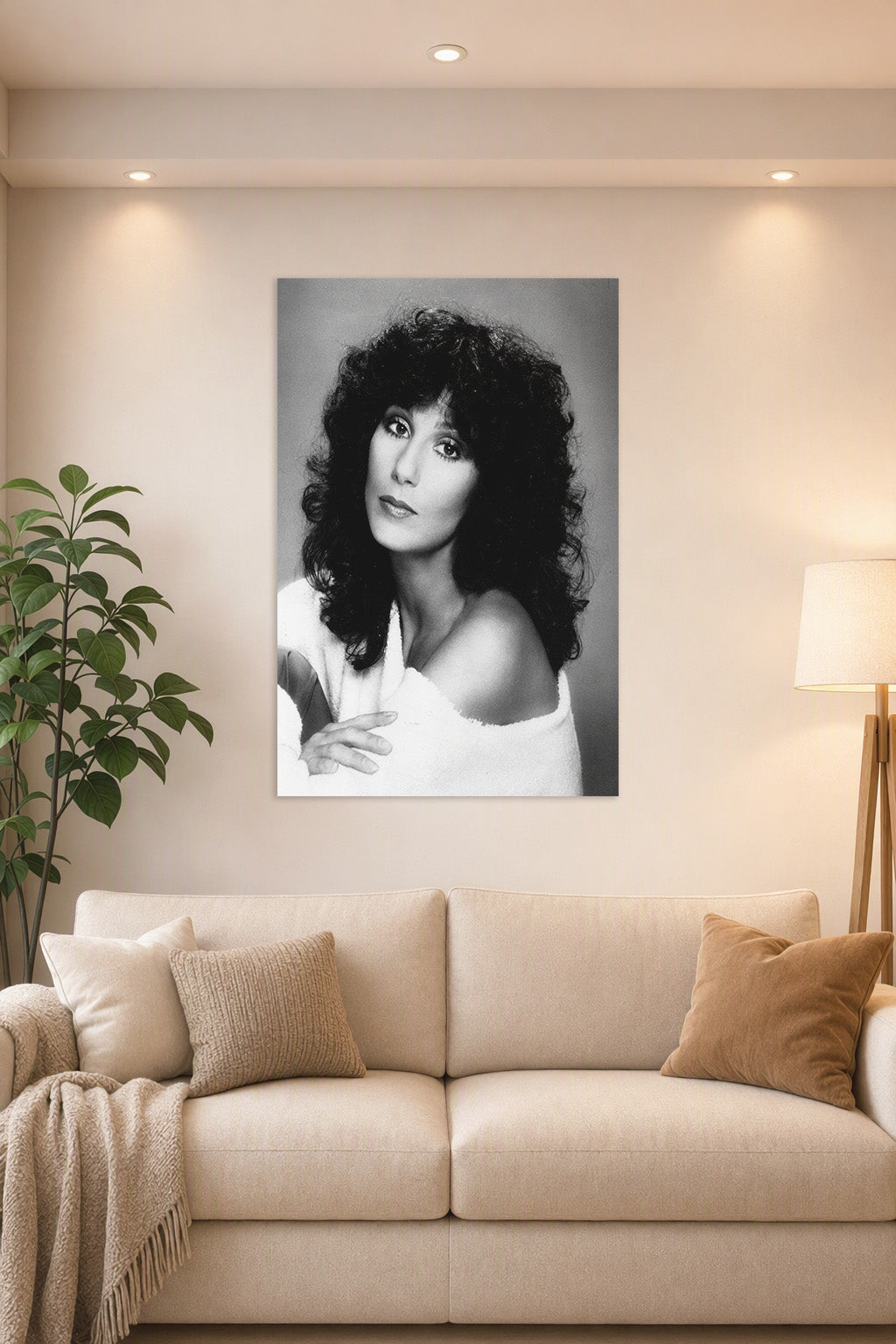 Cher in a bright living room above a beige sofa.
