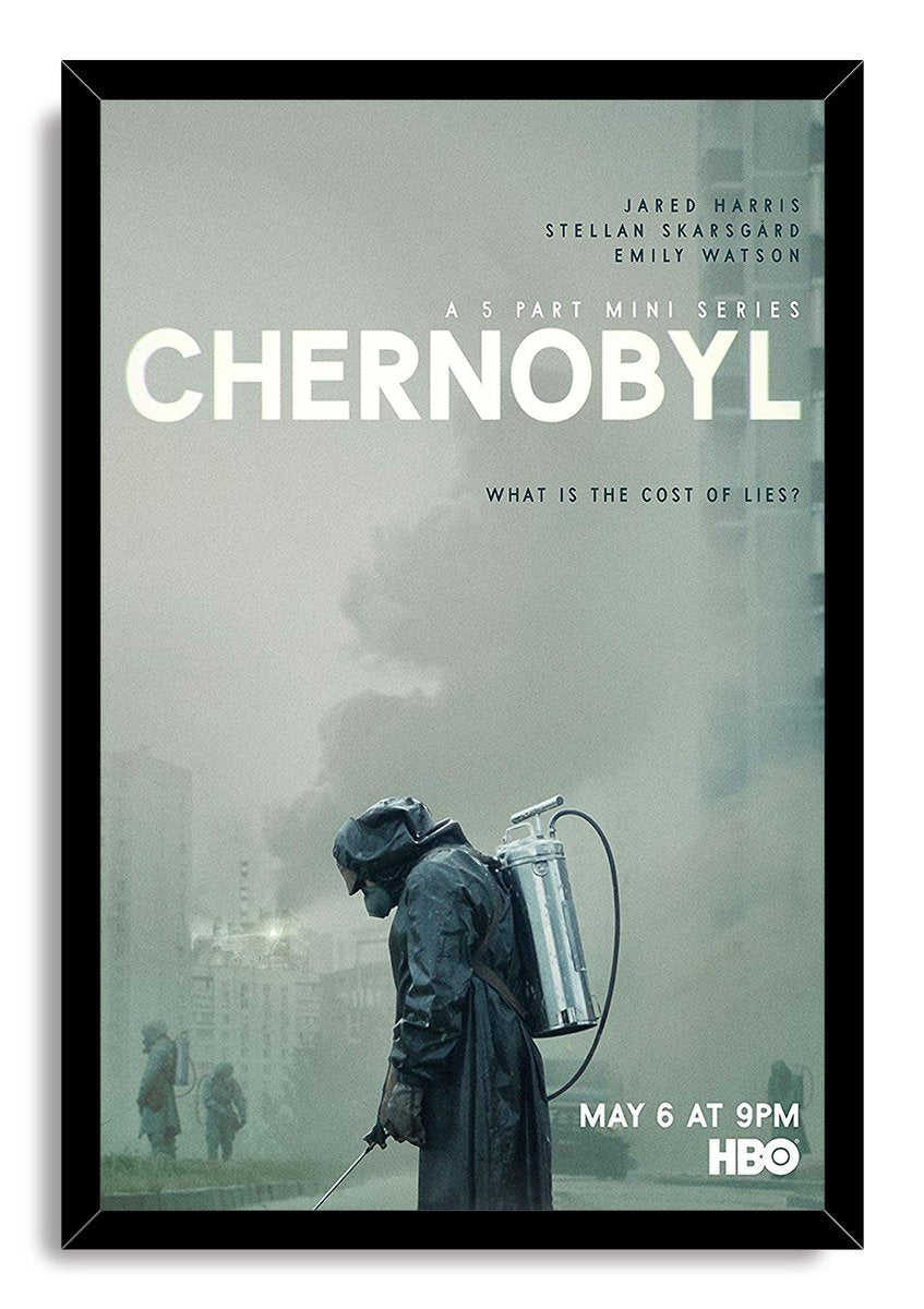 Chernobyl framed wall art print presents a lone hooded worker with a tank sprayer amid misty industrial ruins.