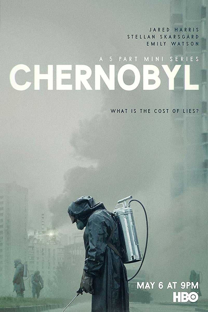 Chernobyl poster features a hooded worker with a metal sprayer in a smoky gray-green industrial cityscape.