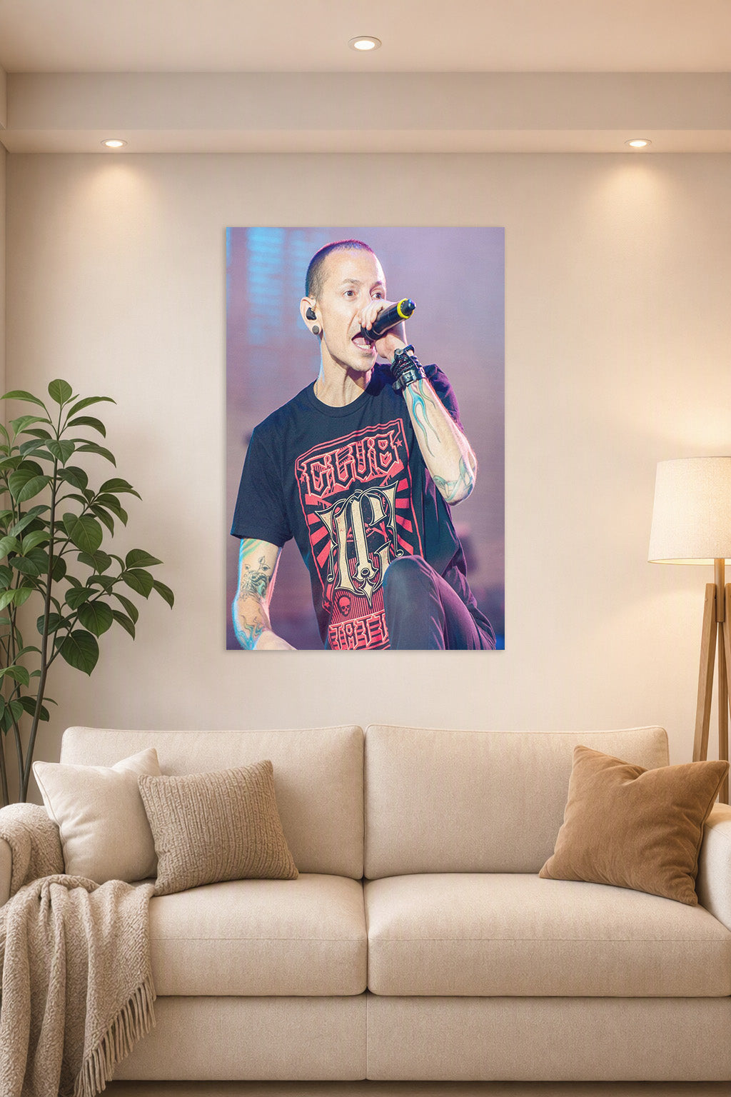 Chester Bennington in a bright living room above a beige sofa.