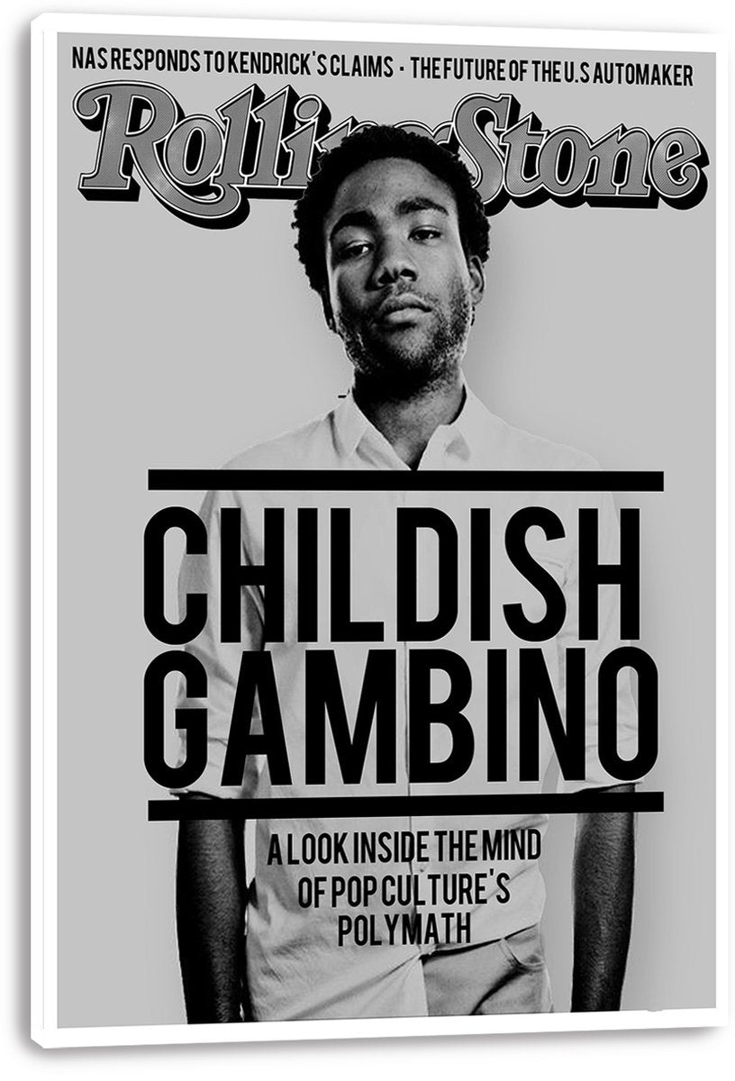 Childish Gambino canvas wall art print presents a grayscale magazine-cover portrait with large black title lettering.