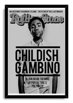 Childish Gambino framed wall art print displays a monochrome portrait, Rolling Stone masthead, and bold black text.