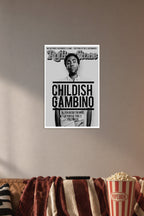 Childish Gambino in a cozy movie room above a brown sofa with popcorn.