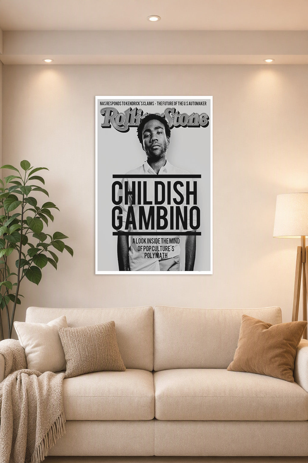 Childish Gambino in a bright living room above a beige sofa.