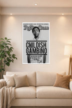 Childish Gambino in a bright living room above a beige sofa.