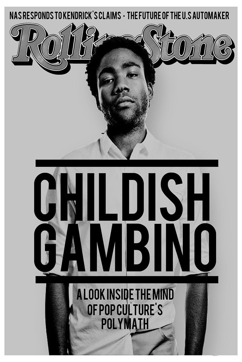 Childish Gambino poster features a black-and-white portrait in a white shirt beneath bold magazine-style typography.