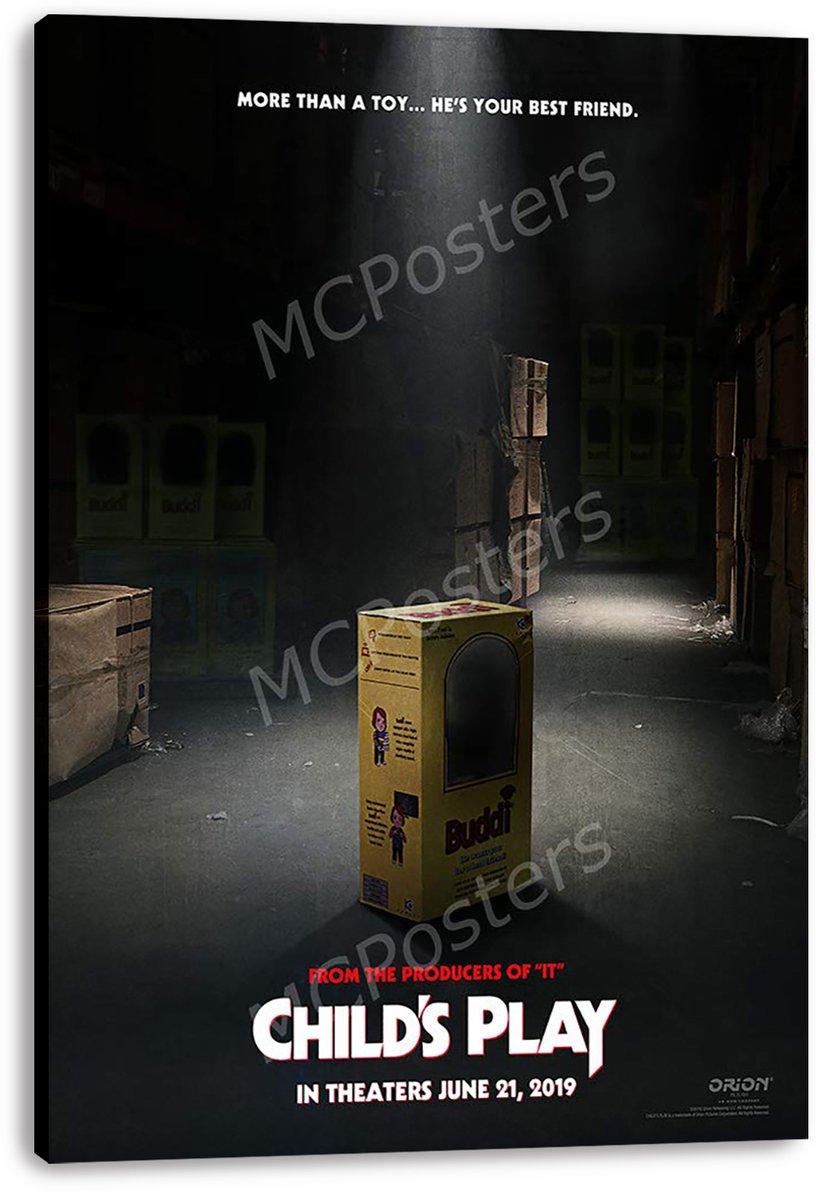 Child's Play canvas wall art print displays a yellow Buddi box in a shadowy storeroom under an overhead beam of light.