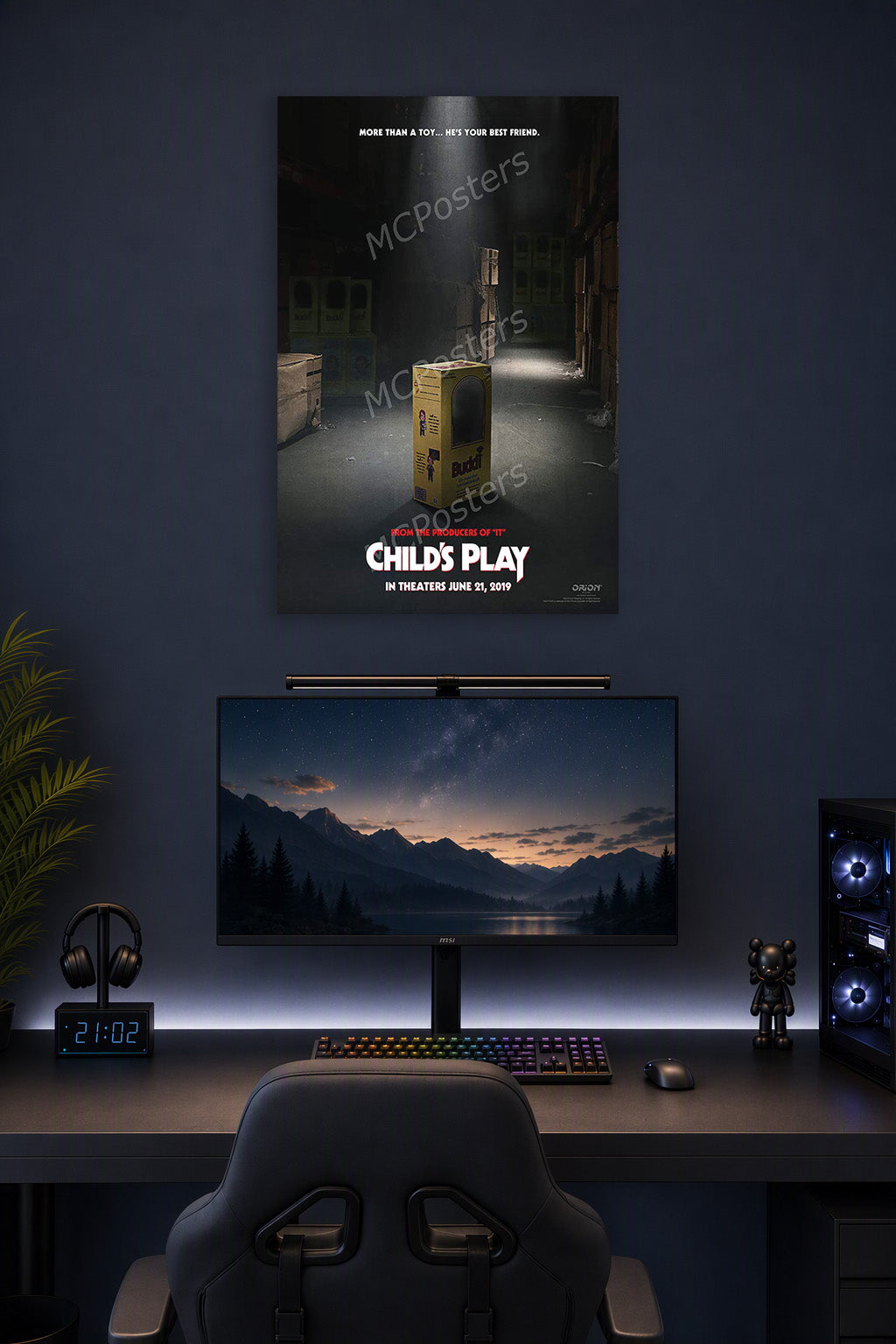 Child's Play Chucky Movie Poster in a gaming desk setup above a monitor.