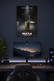 Child's Play Chucky Movie Poster in a gaming desk setup above a monitor.
