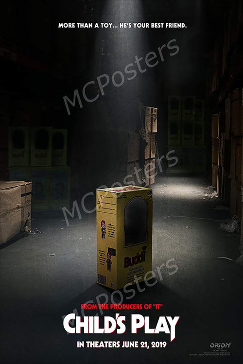 Child's Play poster features a yellow Buddi doll box beneath a spotlight in a dark warehouse lined with cartons.