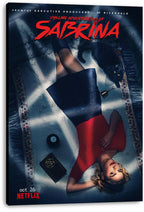 Chilling Adventures of Sabrina canvas wall art print featuring Sabrina in a red top on a rug with a black cat and occult book.