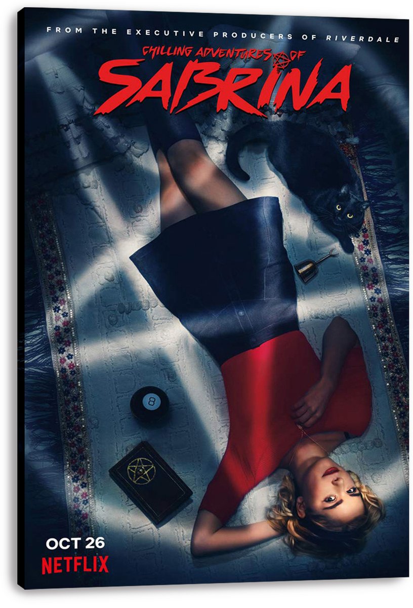 Chilling Adventures of Sabrina canvas wall art print displays Sabrina in red beside Salem, an 8-ball, and occult book.
