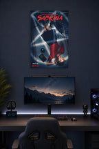 Chilling Adventures of Sabrina in a gaming desk setup above a monitor.