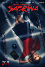 Chilling Adventures of Sabrina poster features Sabrina in red on a bed with Salem, a pentagram book, and an 8-ball.