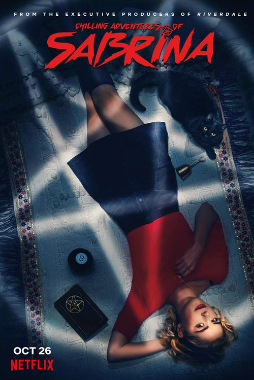 Chilling Adventures of Sabrina poster features Sabrina in red on a bed with Salem, a pentagram book, and an 8-ball.