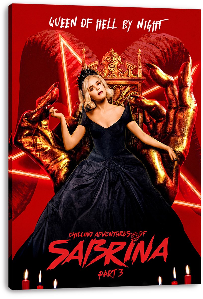 Sabrina canvas wall art print displays a crowned woman in a dark dress seated on a golden throne between oversized clawed hands against red.