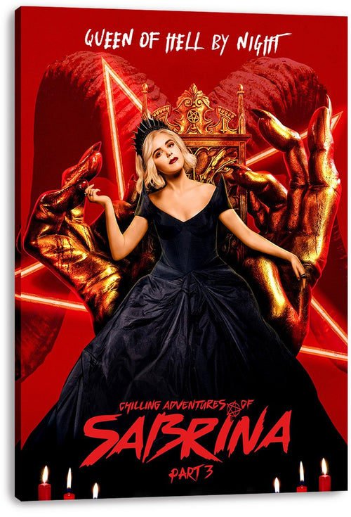Sabrina canvas wall art print displays a crowned woman in a dark dress seated on a golden throne between oversized clawed hands against red.