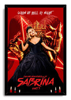 Sabrina framed wall art print features the Queen of Hell by Night design, with a black-gowned woman, gold throne, red backdrop, and candles.