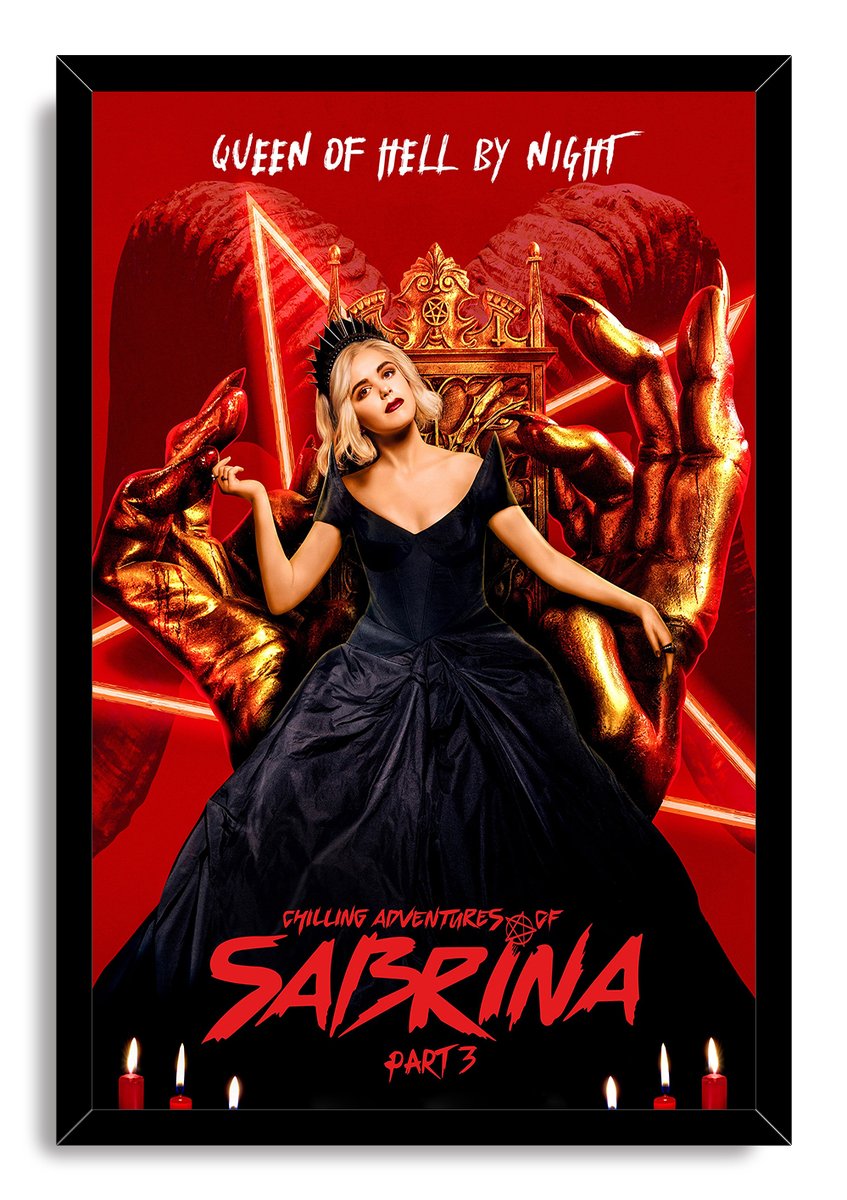 Sabrina framed wall art print features the Queen of Hell by Night design, with a black-gowned woman, gold throne, red backdrop, and candles.