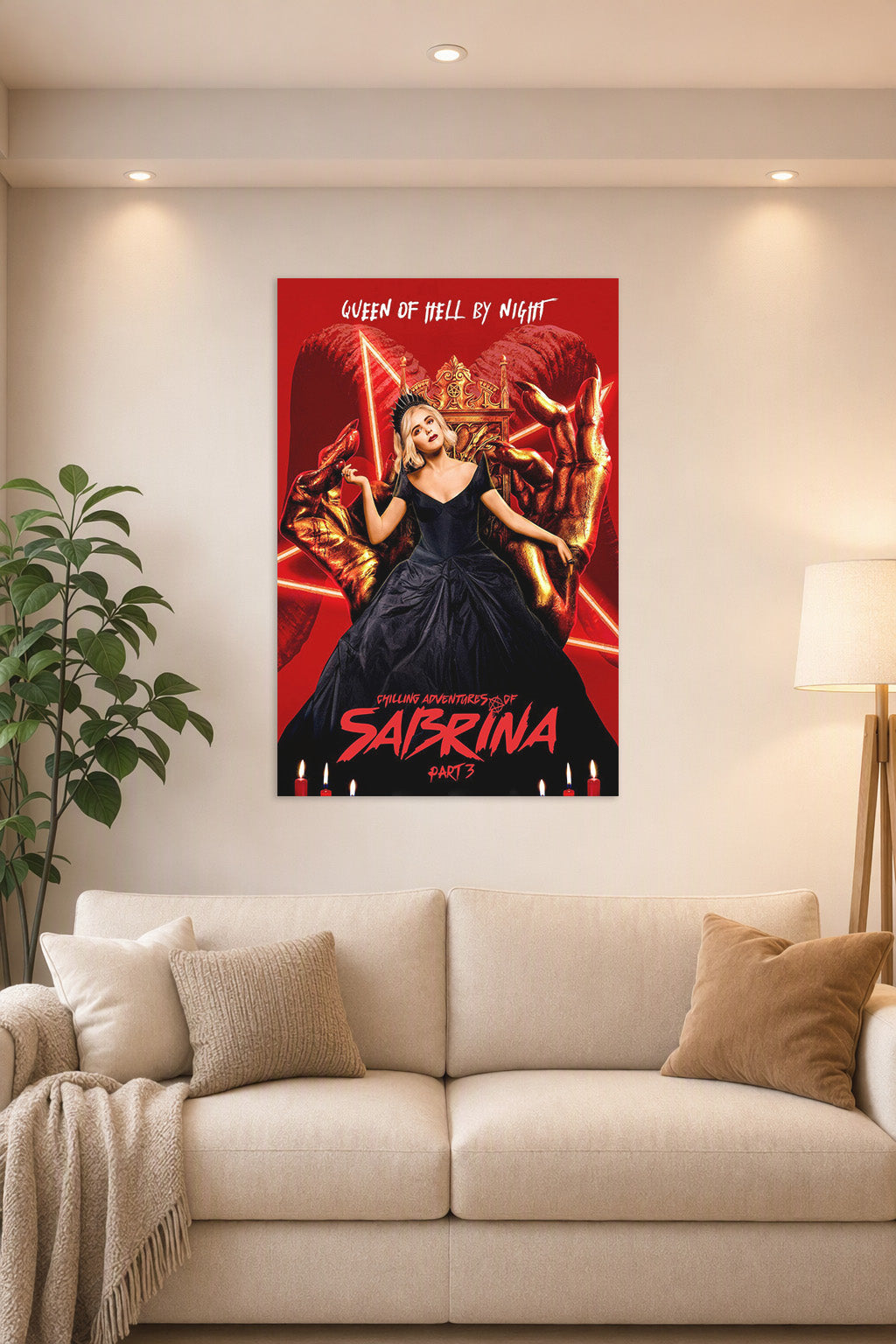 Chilling Adventures of Sabrina - Queen of Hell in a bright living room above a beige sofa.