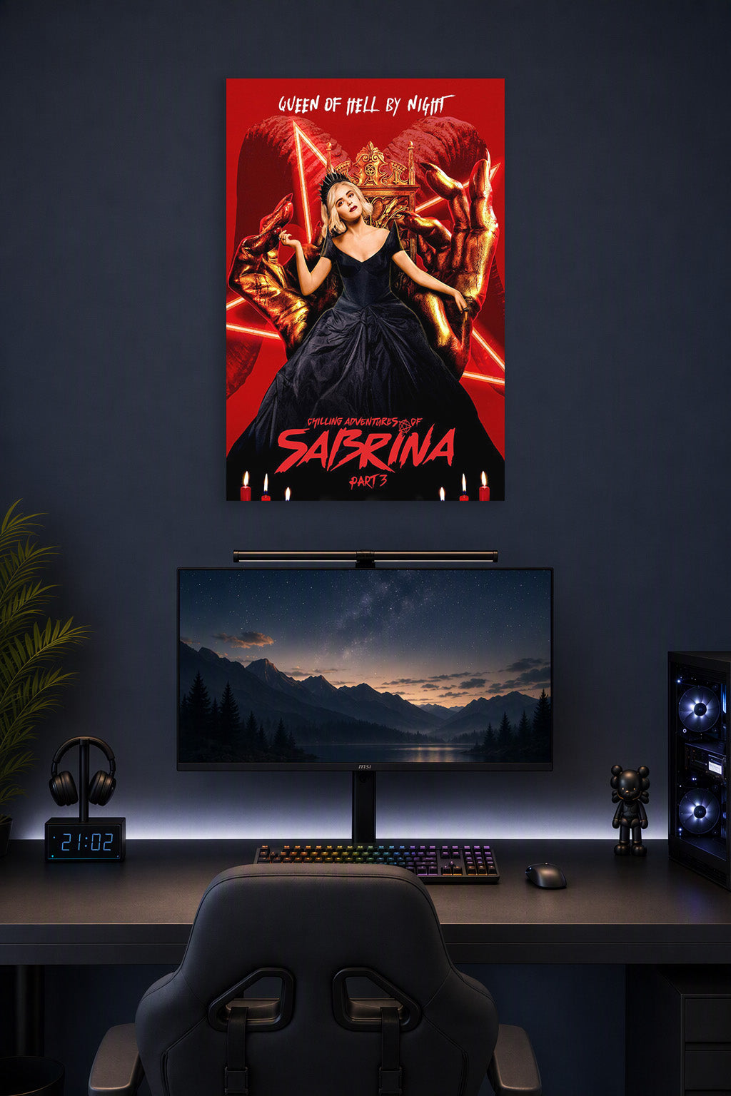 Chilling Adventures of Sabrina - Queen of Hell in a gaming desk setup above a monitor.