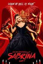 Sabrina wall art print depicts a crowned blonde woman in a black gown on a gold demonic throne, framed by giant hands and red candles.