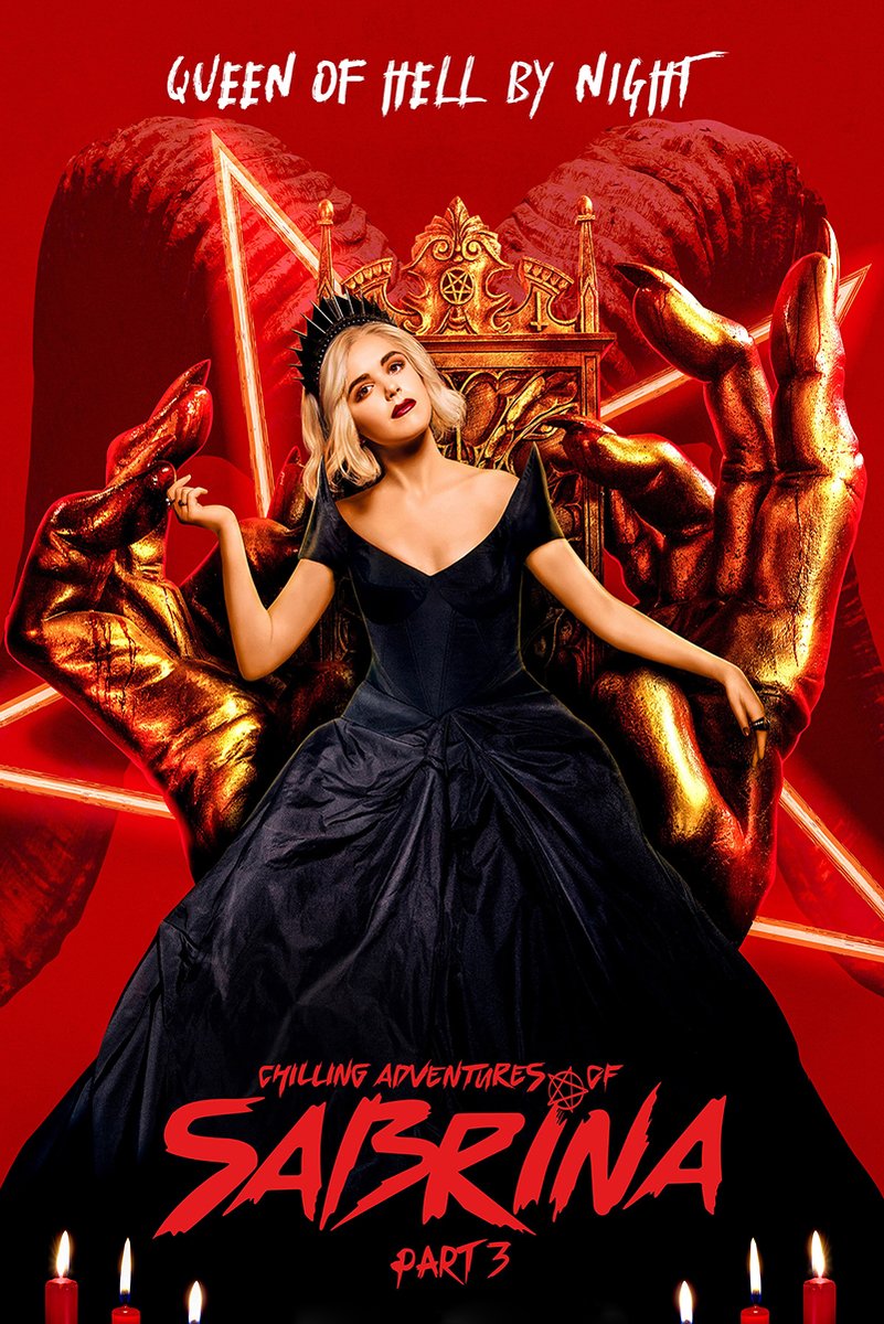 Sabrina wall art print depicts a crowned blonde woman in a black gown on a gold demonic throne, framed by giant hands and red candles.