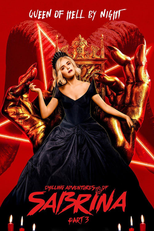Sabrina wall art print depicts a crowned blonde woman in a black gown on a gold demonic throne, framed by giant hands and red candles.