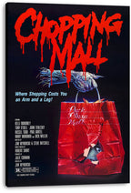 Chopping Mall wall art print on a thick black-edged canvas depicts a robot hand above a ripped red Park Plaza Mall bag.