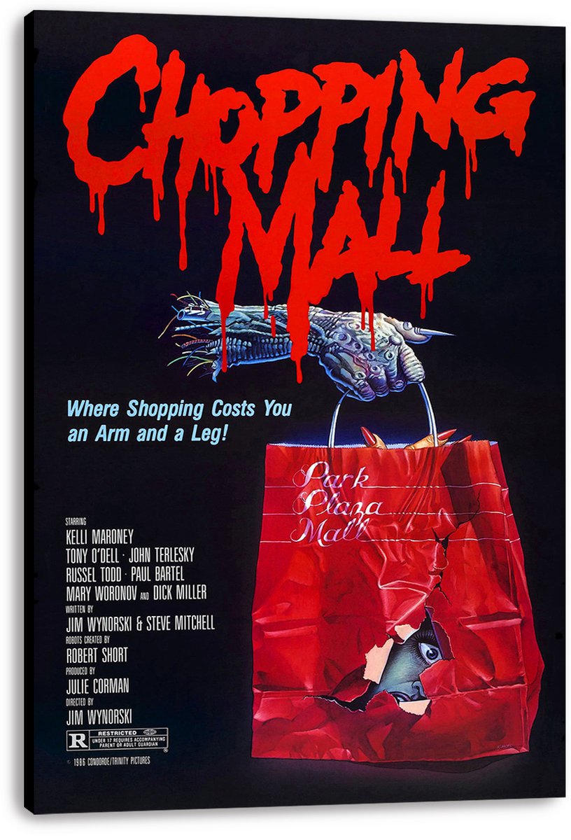 Chopping Mall wall art print on a thick black-edged canvas depicts a robot hand above a ripped red Park Plaza Mall bag.