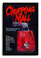 Chopping Mall framed wall art print presents red dripping lettering, a mechanical arm, and an eye peering through a torn shopping bag.
