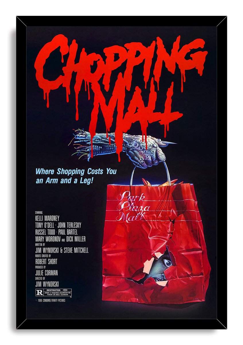 Chopping Mall framed wall art print presents red dripping lettering, a mechanical arm, and an eye peering through a torn shopping bag.