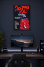 Chopping Mall Horror Movie Poster in a gaming desk setup above a monitor.