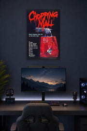 Chopping Mall Horror Movie Poster in a gaming desk setup above a monitor.