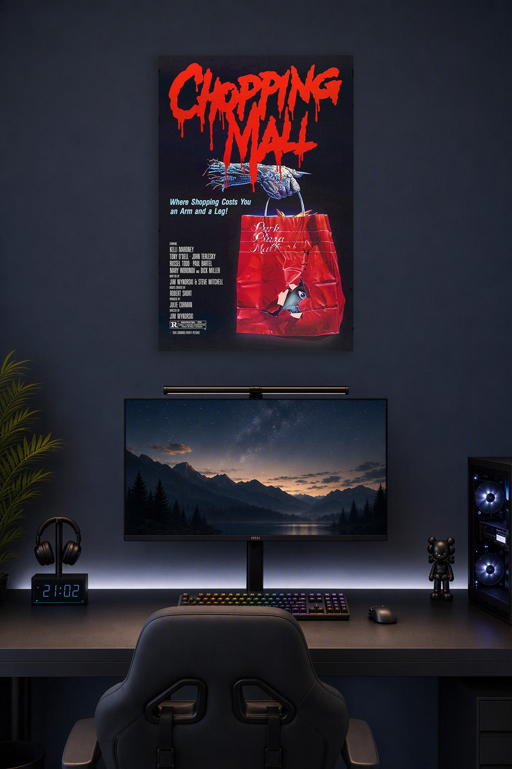 Chopping Mall Horror Movie Poster in a gaming desk setup above a monitor.
